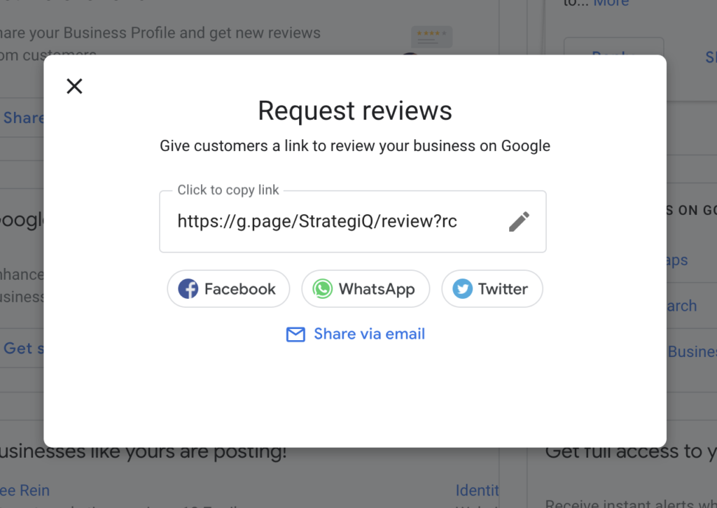 request reviews box on google my business