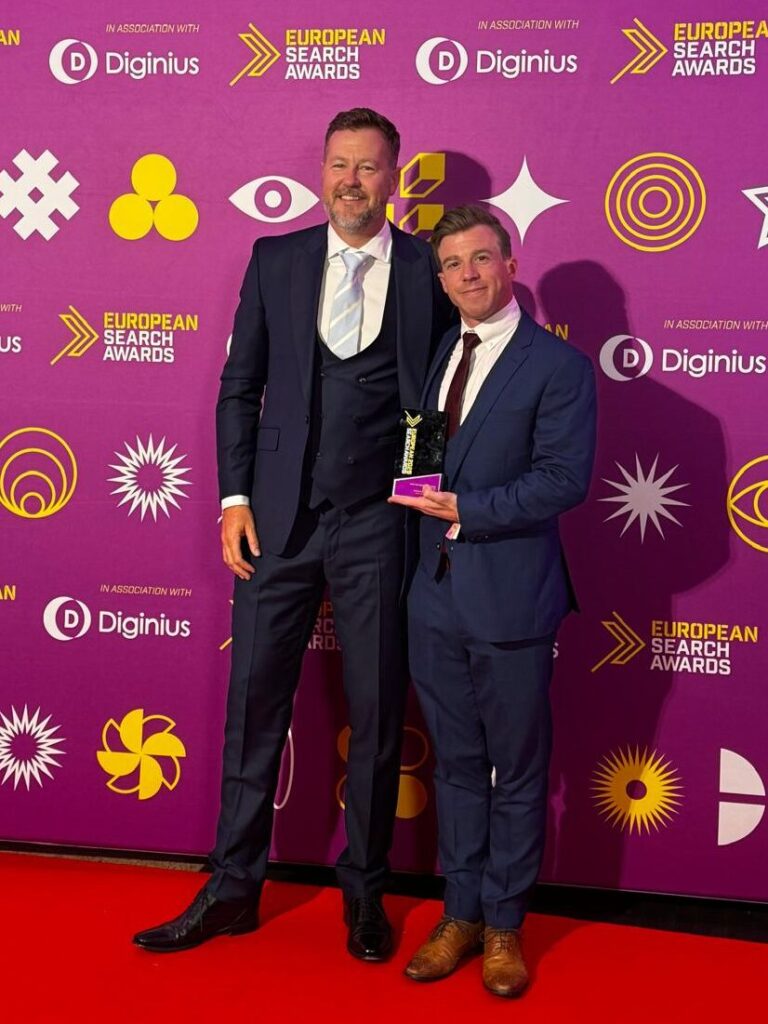 Andy and Dale celebrate our win at the European Search Awards 2025