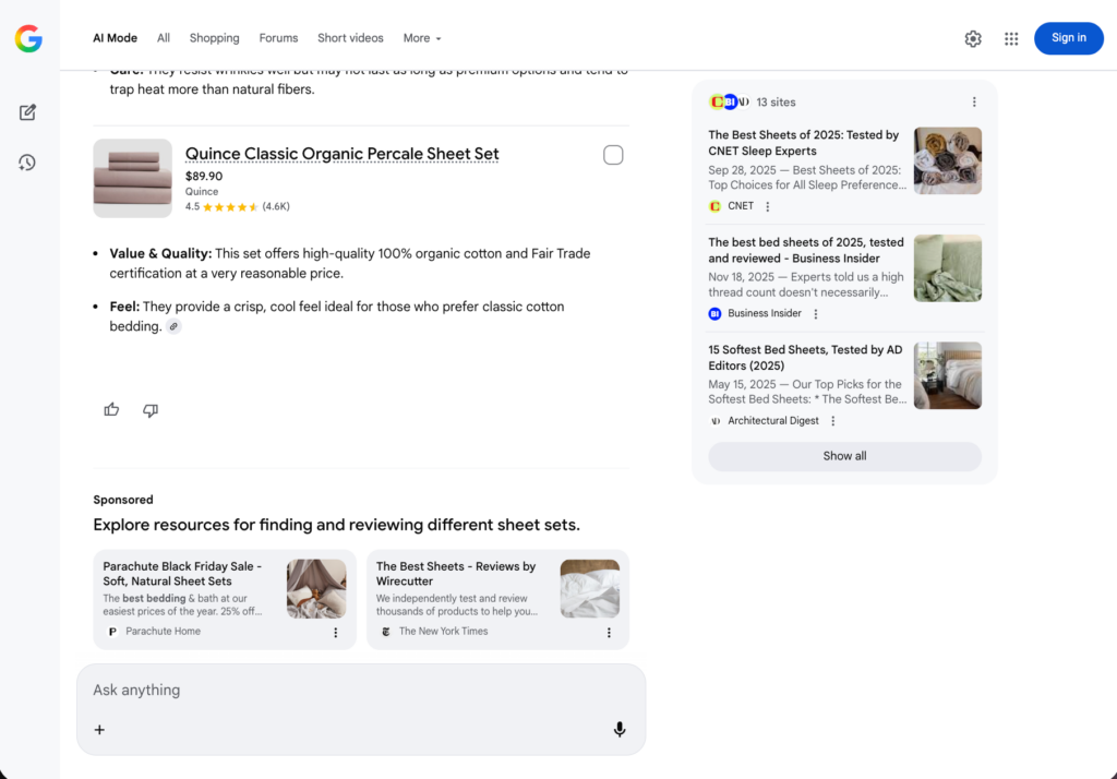 ads-showing-google-ai-mode-bed-sheets-query.png Example of Ads in Google AI mode