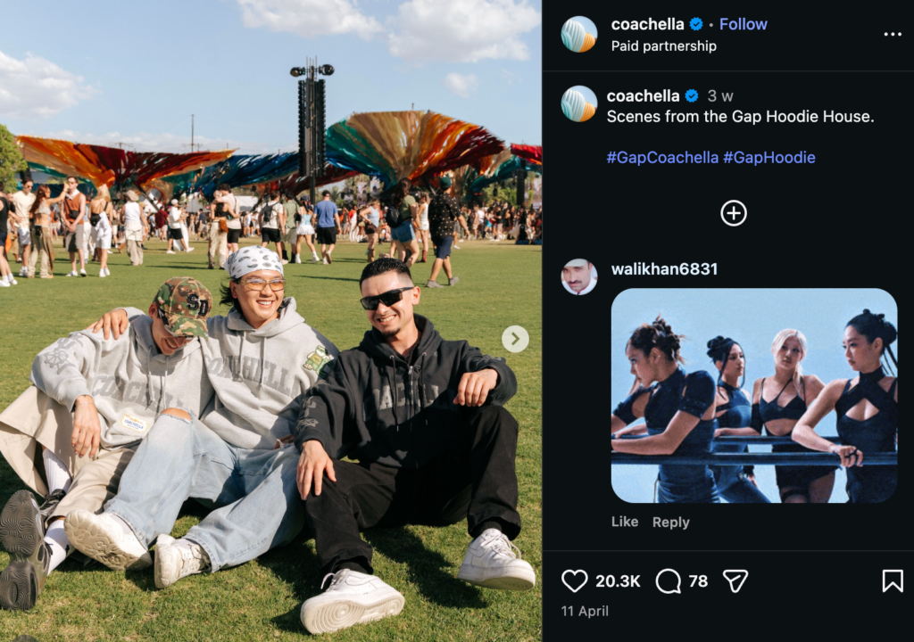Coachella Instagram post showing three men at Coachella wearing customsied Gap hoodies