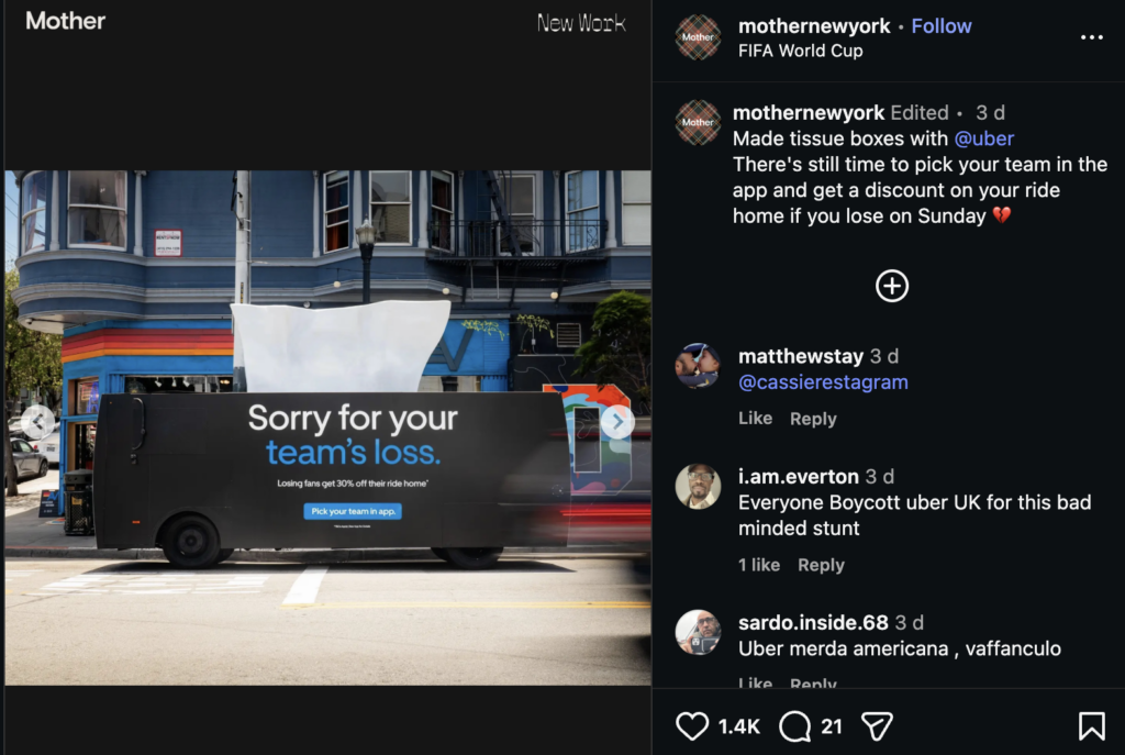 The Uber tissue truck on Mother's Instagram account