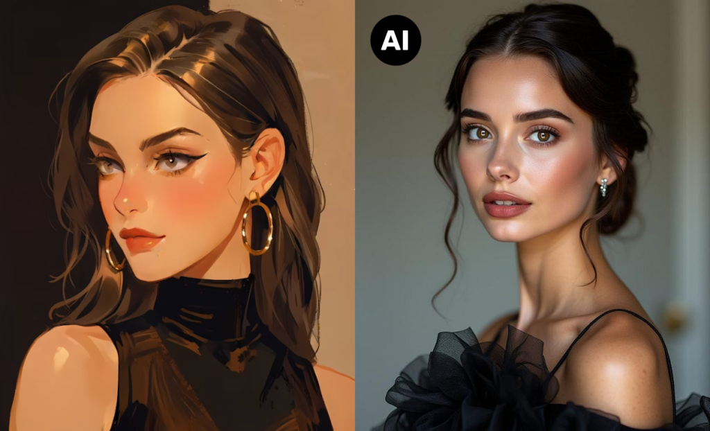 An example of when to disclose AI creative - a deepfake of a woman vs an illustration