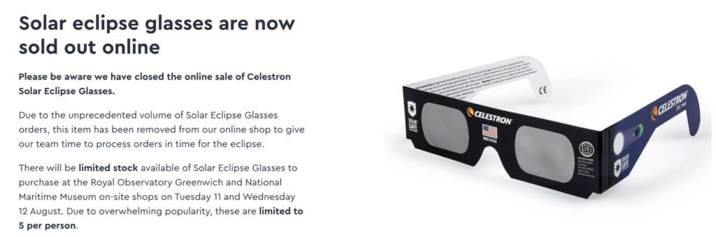 Solar eclipse glasses out of stock