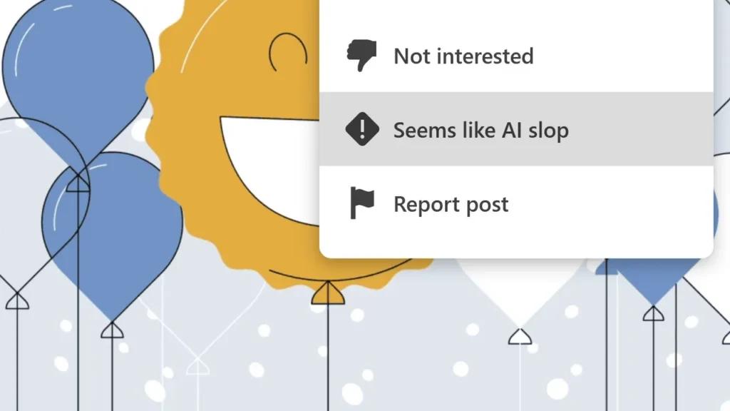 A screenshot of LinkedIn's 'seems like AI slop' button