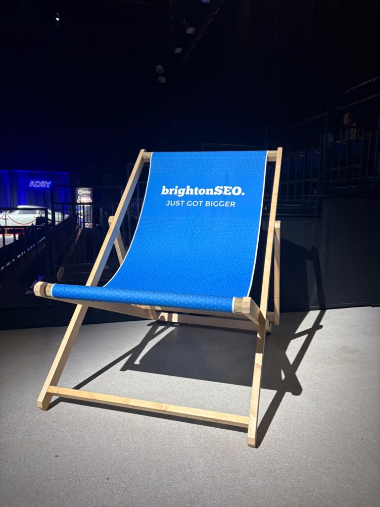A big deckchair with BrightonSEO branding