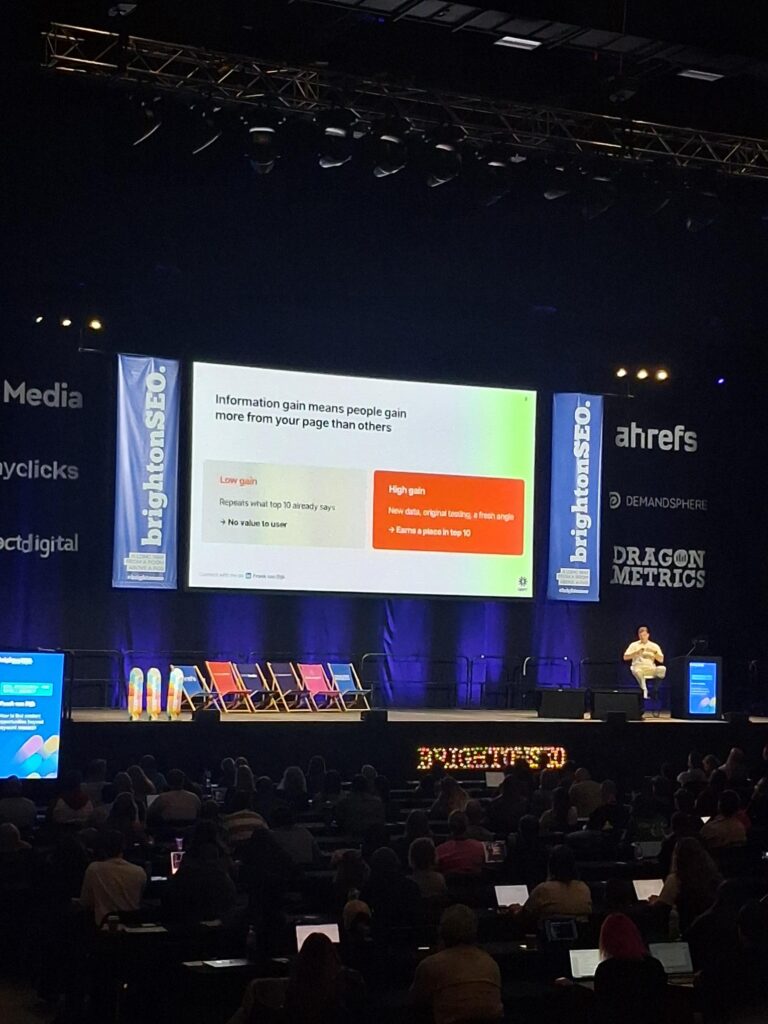 Information Gain talk on the stage at BrightonSEO 2026