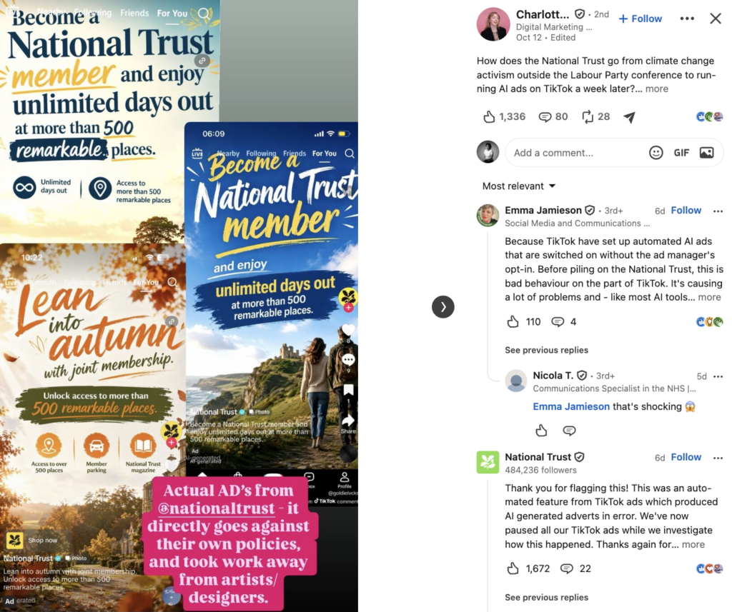 Charlotte Anstee's LinkedIn post depicting the National Trust AI ads