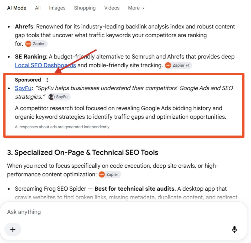 Screenshot of AI overview ad in Google from Search Engine Roundtable