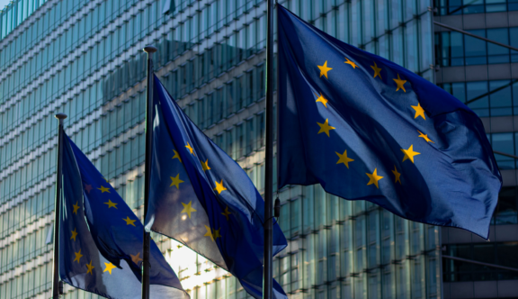 EU flags in front of buildings